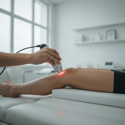 Close-up of a low-level laser therapy device being applied to a patient's knee, clean and modern clinical setting