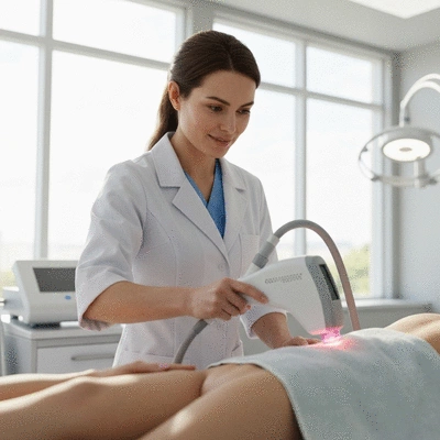 Modern low-level laser therapy device being used on a patient's post-surgical area