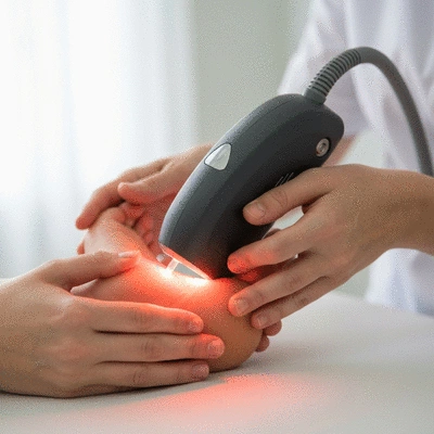 Close-up of a low-level laser therapy device being applied to a foot with plantar fasciitis, in a clinical setting