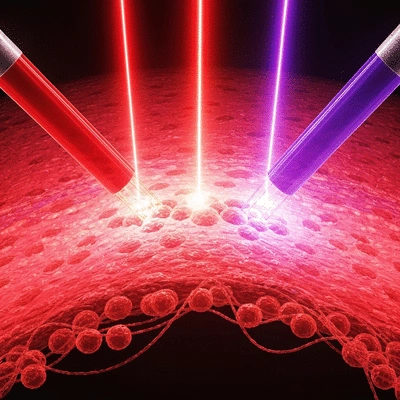 Illustration of red and violet light beams interacting with human tissue at a cellular level, showing healing and regeneration, no text, no words, no typography, clean image