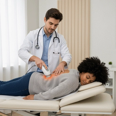 Doctor demonstrating a low-level laser therapy device on a patient's back, focusing on pain relief, in a modern clinic setting, no text, no words, no typography, clean image