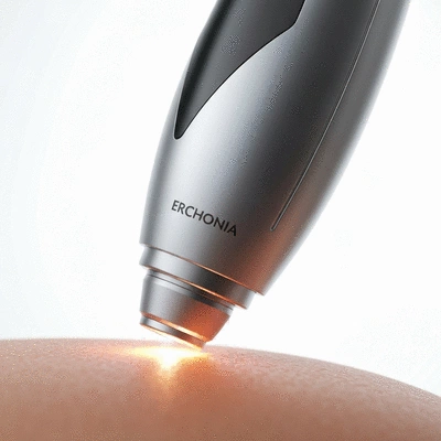 Close-up of Erchonia EVRL Laser device with a focused light beam on skin, no text, no words, no typography, clean image