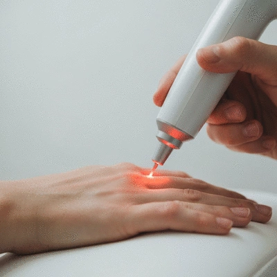 Close-up of a low-level laser therapy device being used on a patient's hand, showing a gentle red light, in a clinical setting, no text, no words, no typography, no labels, clean image