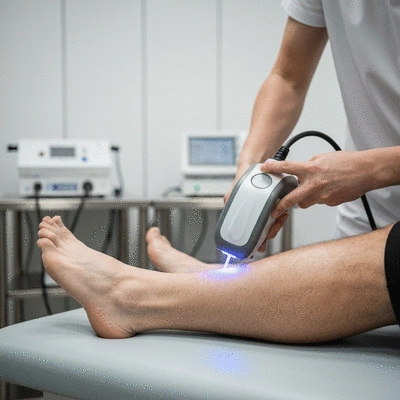 Close-up of a low-level laser therapy device being used on an athlete's ankle