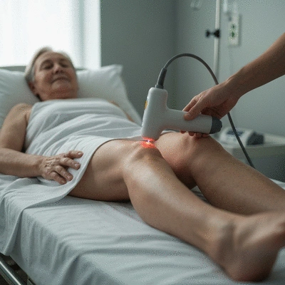 Patient receiving low-level laser therapy on their knee after surgery