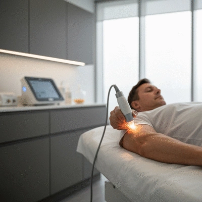 Patient receiving low-level laser therapy treatment on their arm in a clinic setting