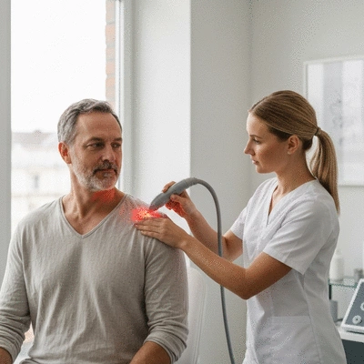 Person receiving low-level laser therapy on their shoulder in a clean clinic setting