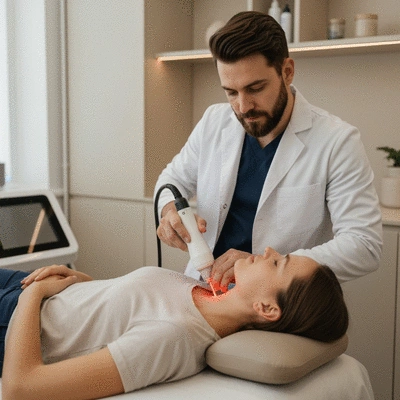 Professional demonstrating low-level laser therapy (LLLT) on a patient's neck, illustrating effective pain relief, no text, no words, no typography, clean image