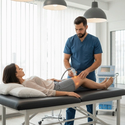 Patient receiving low-level laser therapy on their knee in a clinic setting
