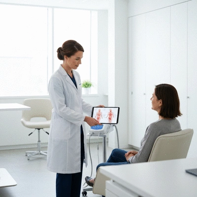 A healthcare professional discussing LLLT treatment options with a patient in a modern clinic, clean and well-lit, no text, no words, no typography, no labels, clean image