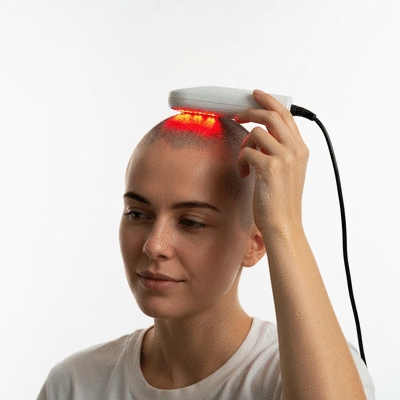 LLLT device emitting red light on a person's scalp
