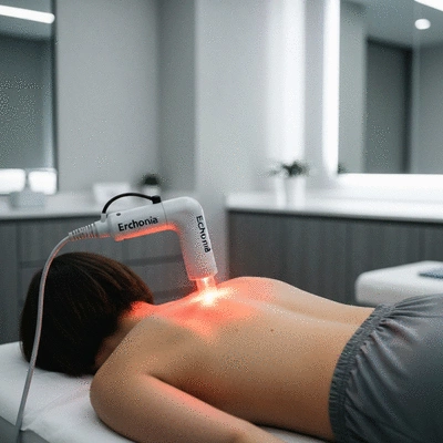 Erchonia laser therapy device in action, handheld unit emitting red light on a patient's back