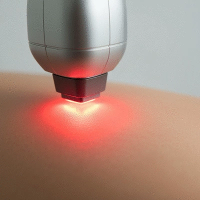 Close-up of a laser device emitting a red light onto skin, symbolizing photobiomodulation and cellular healing, no text, no words, no typography, clean image