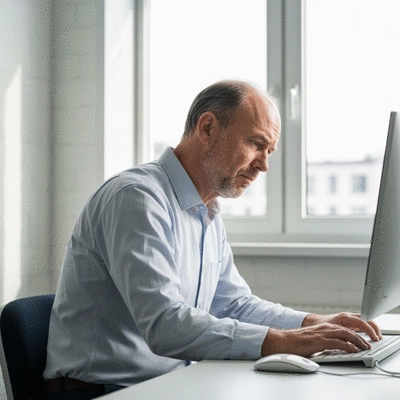 Person using a computer with poor posture, illustrating a common cause of neck and shoulder pain, no text, no words, no typography, clean image